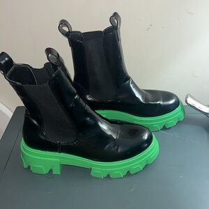Missguided Black Patent Chelsea Combat Boots with Green Lug Sole